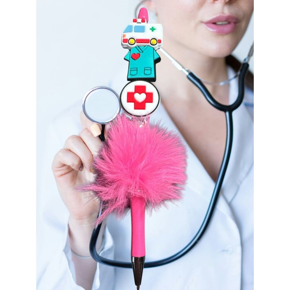 Medical Theme Pom Pom Pen • Nurse Gift • Ambulance Scrub Charm Pen • Cute Health